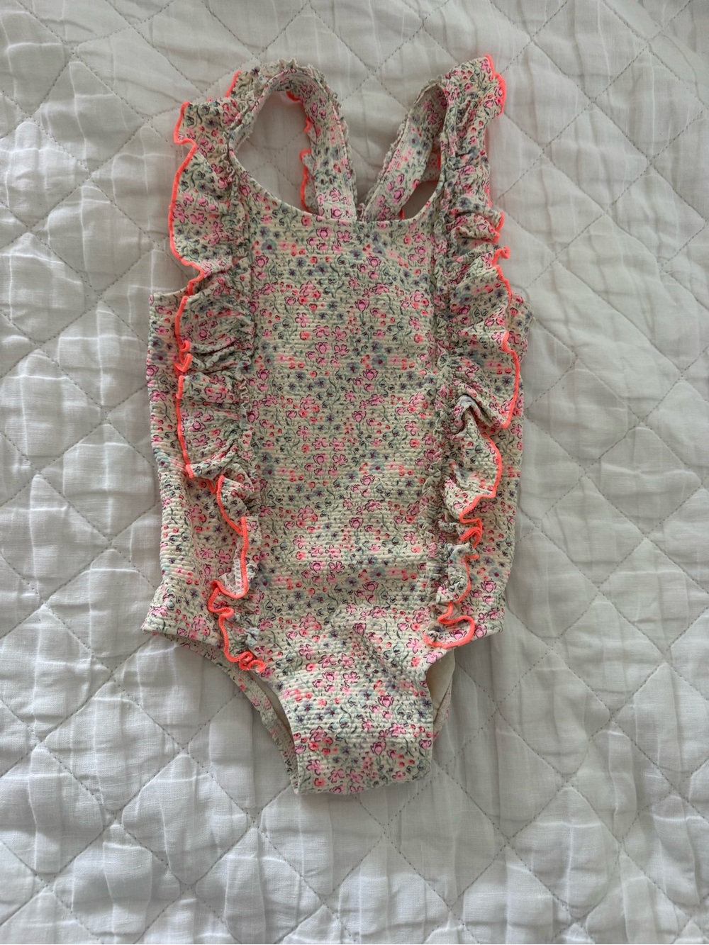 Floral Ruffle One-Piece Swimsuit with Neon Trim